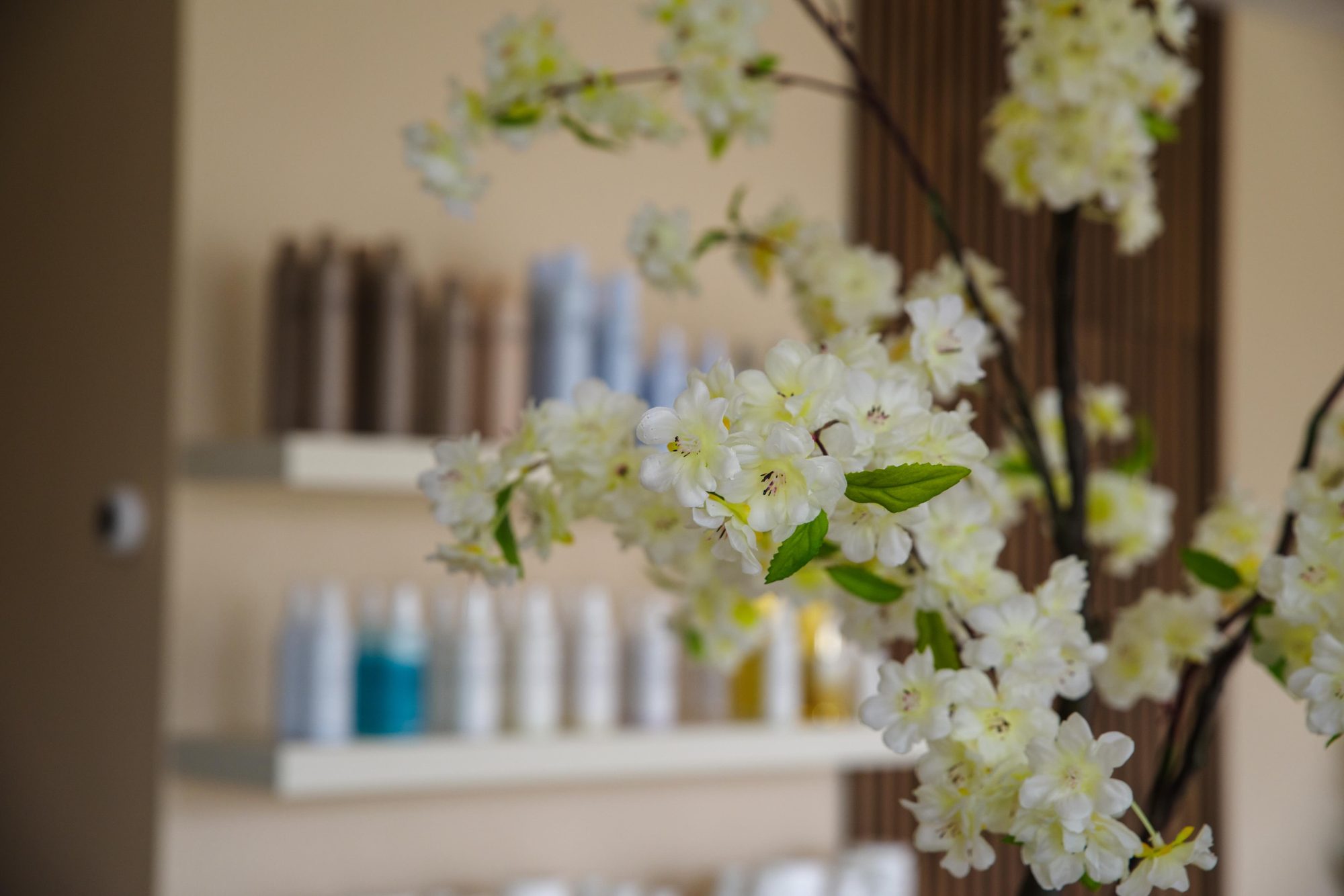 Planken met haarproducten achter bloesemtakken